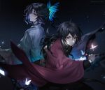  1boy 1girl back-to-back black_eyes black_hair blue_butterfly bug butterfly butterfly_hair_ornament buttons closed_mouth commentary_request gradient_hair hair_between_eyes hair_ornament haori highres holding holding_sword holding_weapon insect jacket japanese_clothes katana kimetsu_no_yaiba kochou_shinobu long_hair looking_at_viewer multicolored_hair ponytail purple_eyes purple_hair short_hair smile sword tomioka_giyuu uniform unity_(ekvmsp02) weapon white_butterfly white_jacket 