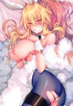  1girl absurdres ahoge animal_ears artoria_pendragon_(all) artoria_pendragon_(swimsuit_ruler)_(fate) ass bangs bare_shoulders blonde_hair blue_legwear blush breasts breasts_outside bunny_ears bunny_tail bunnysuit dakimakura detached_collar eyebrows_visible_through_hair fate/grand_order fate_(series) feather_boa fishnets green_eyes hair_between_eyes highres large_breasts leotard long_hair looking_at_viewer lying necktie nipples obiwan on_side pantyhose parted_lips ponytail scan shiny shiny_clothes shiny_skin sidelocks solo tail tied_hair torn_clothes torn_legwear white_leotard wrist_cuffs 