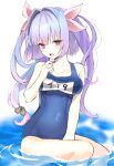  1girl blue_hair blue_one-piece_swimsuit breasts commentary hair_ribbon i-19_(kancolle) kantai_collection long_hair looking_at_viewer medium_breasts multicolored_hair neju one-piece_swimsuit open_mouth partially_submerged pink_eyes pink_ribbon purple_hair ribbon school_swimsuit simple_background sitting solo swimsuit tri_tails water white_background 
