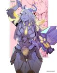  1girl arm_up armor belt blue_skin bodysuit breasts commentary commission full_armor holding holding_weapon horns lips long_hair medium_breasts paladin parted_lips pointy_ears rejean_dubois solo thick_thighs thigh_gap thighs twitter_username warcraft weapon world_of_warcraft yellow_eyes 