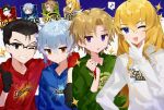  4boys :o alternate_costume arm_around_shoulder arts_shirt beryl_gut black-framed_eyewear black_eyes black_gloves black_hair blonde_hair blue_eyes blue_hoodie brown_eyes buster_shirt casual closed_mouth command_spell crypters_(fate/grand_order) daybit_sem_void drawstring ear_piercing earrings extra_attack_shirt facial_hair fate/grand_order fate_(series) glasses gloves goatee_stubble green_hoodie grey_hair grin hair_between_eyes hair_slicked_back hand_on_own_chin hand_up highres hood hoodie jewelry kadoc_zemlupus kirschtaria_wodime long_hair long_sleeves looking_at_viewer male_focus multiple_boys musical_note one_eye_closed open_mouth parted_bangs piercing purple_eyes quick_shirt red_hoodie semi-rimless_eyewear short_hair side-by-side sleeves_past_elbows smile speech_bubble spoken_musical_note star_(symbol) stubble sweatdrop takumi_(hkhkgohan) thumbs_up upper_body white_gloves white_hoodie 
