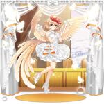  1girl alternate_costume animal_on_head bird bird_on_head bird_tail bird_wings blonde_hair bow bow_on_wing chick closed_mouth curtains dress earrings feathered_wings feathers flower frilled_dress frills game_cg gloves hair_flower hair_ornament high_heels highres interlocked_fingers jewelry looking_at_viewer multicolored_hair niwatari_kutaka official_art on_head own_hands_together red_eyes red_hair rotte_(1109) see-through_clothes see-through_gloves sleeveless sleeveless_dress smile solo sparkle tail third-party_source touhou touhou_lostword transparent_background two-tone_hair wedding_dress whistle whistle_around_neck white_bow white_dress white_flower white_gloves wings yellow_wings 