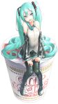  1girl aqua_hair aqua_nails aqua_neckwear bare_shoulders black_legwear black_skirt black_sleeves blue_eyes breasts commentary cup_noodle cup_ramen detached_sleeves drooling full_body grey_shirt hair_ornament half-closed_eyes hands_on_own_thighs hatsune_miku headphones highres long_hair looking_at_viewer nail_polish necktie noodle_stopper open_mouth rsk_(tbhono) shirt sitting skirt sleeveless sleeveless_shirt small_breasts solo thighhighs twintails very_long_hair vocaloid white_background zettai_ryouiki 