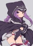  1girl armor black_cape black_capelet black_gloves black_leotard braid cape capelet collar commentary_request covered_navel fate/grand_order fate_(series) gamuo gloves grey_background groin highleg highleg_leotard hood leotard long_braid long_hair medusa_(lancer)_(fate) purple_eyes purple_hair simple_background single_braid solo thigh_strap thighhighs very_long_hair white_legwear 