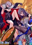  2girls angye_fdez anniversary arm_rest azur_lane bangs black_dress black_legwear blush breasts card casino_card_table cleavage coat copyright_name crossed_legs dice dress eyebrows_visible_through_hair gloves graf_zeppelin_(azur_lane) grey_hair hair_between_eyes hair_ornament highres holding holding_card holding_dice indoors jacket_on_shoulders large_breasts long_hair looking_at_viewer multiple_girls pantyhose parted_lips pelvic_curtain playing_card poker_chip red_eyes roulette saint-louis_(azur_lane) shawl silver_hair single_leg_pantyhose toeless_legwear very_long_hair watermark white_dress 