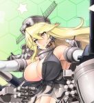  1girl blonde_hair breasts brown_eyes cleavage commentary_request fingerless_gloves front-tie_top gloves green_background harpoon_missile headgear headset honeycomb_(pattern) honeycomb_background iowa_(kantai_collection) kantai_collection large_breasts machinery parted_lips phalanx_ciws saizu_nitou_gunsou smile solo star star-shaped_pupils symbol-shaped_pupils upper_body 