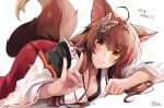  1girl animal_ears blush breasts brown_hair butterfly_hair_ornament cleavage closed_mouth collarbone commentary detached_sleeves feet_out_of_frame fox_ears fox_shadow_puppet fox_tail fumi_(nijisanji) hair_between_eyes hair_ornament hirai_yuzuki japanese_clothes large_breasts long_hair long_sleeves looking_at_viewer lying nijisanji on_stomach red_hair signature simple_background smile solo tail translated virtual_youtuber white_background wide_sleeves yellow_eyes 