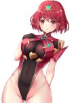  1girl armor bangs blush breasts covered_navel eol_9 eyebrows_visible_through_hair gem gloves hair_ornament headpiece homura_(xenoblade_2) jewelry large_breasts looking_at_viewer red_eyes red_hair short_hair shoulder_armor smile solo swept_bangs tiara xenoblade_(series) xenoblade_2 
