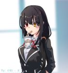  1girl arms_behind_back artist_name bangs bendy_straw between_breasts black_hair blurry blurry_background blush_stickers breasts bubble_tea bubble_tea_challenge clock clock_eyes commentary_request cup date_a_live disposable_cup drink drinking drinking_straw drinking_straw_in_mouth furrowed_eyebrows hair_between_eyes heterochromia large_breasts meme object_on_breast red_eyes roman_numerals school_uniform solo symbol-shaped_pupils tokisaki_kurumi upper_body user_yxjh4887 