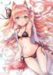  1girl :o animal_ear_fluff animal_ears arm_up armpits bikini black_bikini black_ribbon blonde_hair blue_eyes bubble collarbone commentary_request fox_ears fox_girl fox_tail front-tie_bikini front-tie_top groin hair_ribbon hair_spread_out hand_up highres long_hair long_sleeves looking_at_viewer navel no_shoes one_side_up open_clothes open_shirt original ribbon sakura_ani shirt side-tie_bikini solo stomach swimsuit tail thighhighs very_long_hair white_legwear white_shirt 