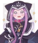  +_+ 1girl animal_hood black_gloves blush cape cat_hood check_commentary commentary commentary_request fate/grand_order fate_(series) food food_on_face gloves happy hood hooded_cape long_hair medusa_(lancer)_(fate) open_mouth purple_eyes purple_hair rider solo sparkle totatokeke two-tone_background upper_body vambraces 