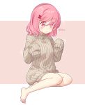  1girl alternate_hairstyle bangs bare_legs barefoot beige_sweater commentary_request cosplay doki_doki_literature_club eyebrows_visible_through_hair full_body hair_between_eyes hair_down hair_ornament hairclip long_sleeves medium_hair nan_(gokurou) natsuki_(doki_doki_literature_club) outline oversized_clothes pink_background pink_eyes pink_hair ribbed_sweater simple_background sitting sleeves_past_fingers sleeves_past_wrists solo sweater twitter_username white_background white_outline yuri_(doki_doki_literature_club) yuri_(doki_doki_literature_club)_(cosplay) 