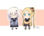  2girls abigail_williams_(fate/grand_order) bags_under_eyes bangs bespectacled black_bow black_footwear black_legwear black_sailor_collar black_skirt blonde_hair blue_eyes blue_sweater blush_stickers bow braid brown_background chibi closed_mouth crossed_bandaids eyebrows_visible_through_hair fate/grand_order fate_(series) glasses grey_hair grey_legwear hair_between_eyes hair_bow high_ponytail highres horn lavinia_whateley_(fate/grand_order) long_sleeves looking_at_viewer multiple_girls multiple_hair_bows orange_bow orange_sweater outline pantyhose parted_bangs pleated_skirt sailor_collar side_braid side_ponytail sidelocks signature single_braid skirt sleeves_past_wrists socks sofra standing sweater two-tone_background white_background white_outline 