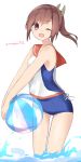  1girl ;d aa_(sin2324) ball bare_arms bare_shoulders beachball blue_swimsuit brown_eyes brown_hair brown_sailor_collar headgear highres i-401_(kantai_collection) kantai_collection long_hair looking_at_viewer one-piece_swimsuit one_eye_closed open_mouth ponytail sailor_collar shirt sidelocks simple_background sleeveless sleeveless_shirt smile solo standing swimsuit swimsuit_under_clothes transparent twitter_username water white_background white_shirt 