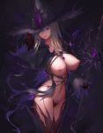 1girl adjusting_headwear areolae black_cape black_gloves breasts cape chain gem gloves grey_hair hat highres hmo11796521 large_breasts long_hair looking_at_viewer naked_cape navel nipples original puffy_nipples purple_eyes revealing_clothes solo spikes staff witch witch_hat 