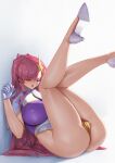  1girl ass breasts cameltoe closed_eyes commentary_request covered_nipples gloves gundam gundam_seed gundam_seed_destiny hair_ornament heart high_heels highres large_breasts legs_up leotard long_legs meer_campbell multicolored_leotard on_floor open_mouth pink_hair purple_leotard qingmingtongzi solo sweat thighs white_gloves white_leotard 