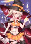  1girl ayanami_(azur_lane) ayanami_(witch_in_ambush)_(azur_lane) azur_lane bandage_over_one_eye bandaged_arm bandages bare_shoulders black_headwear black_legwear breasts cape cleavage cocoasabure collarbone commentary_request crop_top demon_tail halloween hat highleg highres hitodama holding holding_sword holding_weapon long_hair looking_at_viewer medium_breasts midriff miniskirt navel orange_skirt red_eyes revision silver_hair skirt solo sword tail thigh_strap thighhighs twintails weapon witch witch_hat zettai_ryouiki 