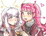  +_+ 2girls alternate_costume bubble_tea cup disposable_cup drinking drinking_straw drinking_straw_in_mouth fire_emblem fire_emblem:_three_houses highres hilda_valentine_goneril jewelry long_hair lysithea_von_ordelia multiple_girls necklace open_mouth pink_eyes pink_hair sdkafka simple_background twintails upper_body white_background white_hair 