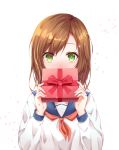  1girl absurdres bangs blush brown_hair commentary eyebrows_visible_through_hair gift gyungsin highres holding holding_gift long_sleeves medium_hair original shirt simple_background solo white_background white_day white_shirt yellow_eyes 