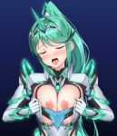  1girl areolae armor blue_background blush breasts closed_eyes cum cum_on_body earrings elbow_gloves gem gloves glowing gradient gradient_background green_hair hair_ornament headpiece jewelry large_breasts naughty_face nipples nude open_mouth pervert pneuma_(xenoblade_2) ponytail shoulder_armor solo spoilers sssemiii tiara tongue tongue_out xenoblade_(series) xenoblade_2 