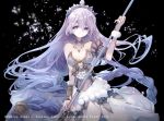  1girl absurdly_long_hair armor armored_dress black_background blade_rondo blue_hair braid breasts character_request cleavage closed_mouth commentary_request copyright_name cyawa dress gradient_hair hair_ornament holding jewelry long_hair medium_breasts multicolored_hair official_art pendant purple_eyes purple_hair solo strapless strapless_dress tiara very_long_hair watermark white_dress 