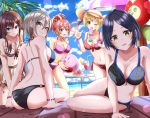  5girls ahoge ass asymmetrical_hair back ball bangs bare_shoulders beach beach_umbrella beachball bikini black_bikini blonde_hair blue_eyes blue_hair blue_sky blush bow bracelet breasts brown_bikini brown_hair cleavage collarbone cup drinking_glass earrings eyelashes food fruit green_eyes grey_eyes grey_hair hair_between_eyes hair_bow haruki_(haruki678) hat hayami_kanade highres ice_cream ice_cream_cone ichinose_shiki idolmaster idolmaster_cinderella_girls jewelry jougasaki_mika kirby kirby_(series) large_breasts lipps_(idolmaster) long_hair looking_at_viewer miyamoto_frederica multiple_girls navel necklace one_eye_closed open_mouth parted_bangs parted_lips pink_bikini pink_hair plate ponytail red_bikini shiomi_shuuko short_hair sidelocks skirt sky smile sun_hat swimsuit table thighs umbrella watermelon wavy_hair white_skirt yellow_eyes 