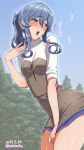  1girl :d belt blue_eyes blue_hair blue_sky blush breasts dress gotland_(kantai_collection) hair_between_eyes kantai_collection katou_techu long_hair mole mole_under_eye open_mouth ponytail sky small_breasts smile solo tears tree 