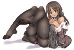  1girl :d alice_gear_aegis ass black_legwear brown_hair commentary_request eyebrows_visible_through_hair fingers_together foreshortening full_body green_eyes gusset highres kaneshiya_sitara long_hair lying off_shoulder open_mouth own_hands_together panties panties_under_pantyhose pantyhose pink_panties shirokuma_a sidelocks simple_background smile solo thighband_pantyhose underwear white_background 