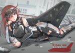  1girl absurdres airplane_wing black_bodysuit blue_eyes bodysuit breasts buran_(spacecraft) highres large_breasts long_hair lying mecha_musume on_side one_eye_closed original personification red_hair solo spacecraft teisei_misagi torn_bodysuit torn_clothes two-tone_bodysuit white_bodysuit 