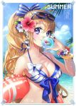  1girl bikini_top blonde_hair blue_bow blue_nails bow bow_bikini breasts butyou_(mika1412) cleavage cloud clownfish earrings eyewear_on_head fish fish_earrings flower flower_bracelet hair_bow hair_flower hair_ornament halter_top halterneck holding innertube jewelry leaf long_hair looking_at_viewer medium_breasts nail_polish original ponytail purple_eyes shell_earrings sidelocks smile striped striped_bikini_top striped_bow sunglasses swimsuit upper_body water_drop wet white_bow 