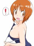  ! 1girl bangs blue_swimsuit blush breasts brown_eyes brown_hair cleavage commentary embarrassed eyebrows_visible_through_hair from_side frown girls_und_panzer highres looking_at_viewer medium_breasts nishizumi_miho one-piece_swimsuit open_mouth school_swimsuit short_hair simple_background solo spoken_exclamation_mark sweatdrop swimsuit swimsuit_pull upper_body white_background yabai_gorilla 