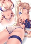  1girl ass back bangs bare_shoulders bikini blonde_hair blue_bikini blue_eyes blush bradamante_(fate/grand_order) braid breasts cleavage crown_braid elbow_gloves fate/grand_order fate_(series) gloves hair_between_eyes hair_ornament highres large_breasts long_hair looking_at_viewer looking_back lying multiple_views navel on_stomach open_mouth saruei simple_background swimsuit thigh_strap thighs twintails two-tone_bikini very_long_hair white_background white_bikini 