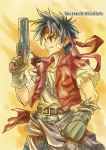  1boy blue_hair closed_mouth commentary_request gloves gun headband link_(aa30) red_vest rody_roughnight shirt smile solo vest weapon wild_arms wild_arms_1 