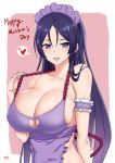  1girl artist_name bangs breasts cleavage cyicheng fate/grand_order fate_(series) heart huge_breasts lifted_by_self long_hair minamoto_no_raikou_(fate/grand_order) mother&#039;s_day parted_bangs purple_eyes purple_hair seductive_smile smile solo speech_bubble spoken_heart very_long_hair 