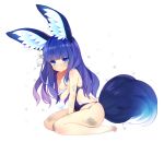  1girl animal_ear_fluff animal_ears bangs bare_legs barefoot blade_&amp;_soul blue_eyes blue_hair blunt_bangs breasts bruise byulzzimon cleavage covering covering_breasts earrings injury jewelry long_hair lyn_(blade_&amp;_soul) sitting small_breasts solo swimsuit tail torn_clothes torn_swimsuit wariza 