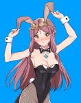  1girl alternate_costume animal_costume animal_ears arms_up blue_background blush breasts brown_hair bunny_costume bunny_ears bunnysuit cleavage fake_animal_ears fake_tail fan_la_norne gem hair_ornament headpiece jewelry large_breasts long_hair misu_kasumi nervous pantyhose shy simple_background solo tail tray very_long_hair xenoblade_(series) xenoblade_2 xenoblade_2:_ogon_no_kuri_ira 