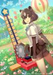 1girl :d animal_ears ass balloon bangs bear_ears bear_paw_hammer bear_tail bike_shorts black_skirt blue_neckwear blurry blurry_background bow bowtie brown_bear_(kemono_friends) brown_eyes brown_hair day dutch_angle extra_ears eyebrows_visible_through_hair from_behind grass hair_between_eyes holding holding_weapon kemono_friends kemono_friends_3:_planet_tours long_sleeves looking_at_viewer looking_back open_mouth outdoors shirt short_over_long_sleeves short_sleeves skirt smile solo standing tail tobi_(kotetsu) weapon white_shirt 