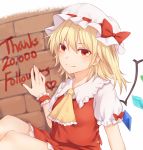  1girl ascot bangs blonde_hair blush bow brick_wall commentary_request crystal eyebrows_visible_through_hair flandre_scarlet followers frilled_shirt_collar frills hair_between_eyes hand_up hat hat_bow looking_at_viewer miniskirt miyo_(ranthath) mob_cap one_side_up petticoat puffy_short_sleeves puffy_sleeves red_bow red_eyes red_skirt red_vest shirt short_hair short_sleeves sitting skirt skirt_set smile solo touhou vest white_background white_headwear white_shirt wings wrist_cuffs yellow_neckwear 
