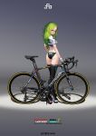  1girl artist_name ass bangs bicycle bike_jersey black_legwear breasts closed_mouth clothes_writing crop_top fingerless_gloves from_behind full_body gloves gradient gradient_background green_hair grey_background ground_vehicle high_heels highres hitomi_kazuya long_hair looking_at_viewer looking_back medium_breasts original parted_bangs purple_eyes shadow smile solo standing thighhighs white_footwear white_gloves 