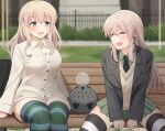  2girls absurdres bench black_jacket black_necktie black_thighhighs blonde_hair blue_eyes blush brave_witches brown_hair brown_sweater_vest bush buttons closed_eyes collared_shirt commentary emu_1316 english_commentary facing_another green_thighhighs highres jacket looking_at_another luminous_witches multiple_girls necktie nora_taylor on_bench open_clothes open_jacket outdoors panties pantyshot second-party_source shirt striped_clothes striped_thighhighs sweater_vest thighhighs underwear virginia_robertson white_panties white_shirt world_witches_series 