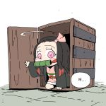  1girl bamboo bit_gag black_cloak black_hair box chibi chinese_commentary chinese_text cloak commentary_request gag hair_ribbon haori highres in_box in_container japanese_clothes kamado_nezuko kimetsu_no_yaiba kimono kneeling looking_at_viewer miin_miin multicolored_hair obi opening_door pink_eyes pink_kimono pink_ribbon red_hair ribbon sash simple_background solo speech_bubble translation_request white_background 