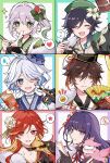  2boys 4girls ahoge animal_on_shoulder annoyed beer_mug black_gloves black_hair blonde_hair blue_eyes blue_hair blue_hat blue_kimono blush border bow bowl braid brown_hair calligraphy_brush chestnut_mouth choko_(cup) chopsticks closed_eyes colored_inner_hair commentary_request cup ekua_piyo flower flower-shaped_pupils food furina_(genshin_impact) genshin_impact gloves gradient_hair green_bow green_eyes green_hair green_kimono grey_hair grid_background hagoita hair_bow hair_flower hair_ornament hand_fan hane_(hanetsuki) hat heart highres holding holding_bowl holding_chopsticks holding_cup holding_fan holding_removed_eyewear japanese_clothes kimono light_smile looking_at_viewer mavuika_(genshin_impact) mochi mochi_trail mora_(genshin_impact) mug multicolored_hair multiple_boys multiple_girls musical_note nahida_(genshin_impact) omikuji one_eye_closed open_mouth paddle paintbrush pointy_ears purple_eyes purple_hair raiden_shogun rectangular_eyewear red_eyes red_hair red_kimono short_hair smile sparkle spoken_heart spoken_musical_note spoken_star spoken_sweatdrop star_(symbol) sunglasses sweatdrop symbol-shaped_pupils twin_braids unworn_eyewear venti_(genshin_impact) white_background white_flower white_gloves yae_miko yae_miko_(fox) yellow_eyes zhongli_(genshin_impact) 