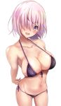  1girl arms_behind_back bare_shoulders bikini black_bikini blush breasts cleavage fate/grand_order fate_(series) hair_over_one_eye highres large_breasts lavender_hair looking_at_viewer mash_kyrielight navel open_mouth purple_bikini purple_eyes short_hair simple_background smile solo sweat swimsuit thighs two-tone_bikini untsue white_background 