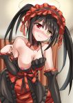  1girl arm_support blush breasts brown_hair choker cleavage clock_eyes date_a_live detached_sleeves heterochromia highres lace lace_choker long_hair medium_breasts no_bra one_breast_out red_eyes self_shot smile solo symbol-shaped_pupils tokisaki_kurumi twintails yasuu_(ezuw3737) 