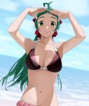  1girl ahoge arms_up beach bikini black_bikini breasts cleavage collarbone dutch_angle green_eyes green_hair hair_ribbon highres horizon irako_(kantai_collection) kantai_collection large_breasts long_hair looking_at_viewer navel ocean ojipon ponytail ribbon shading_eyes smile solo swimsuit 