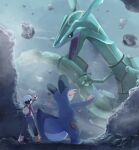  1boy absurdres backpack bag beanie black_hair brendan_(pokemon) commentary_request dragon eastern_dragon fingerless_gloves gloves hat highres holding holding_poke_ball jacket male_focus outstretched_arm poke_ball poke_ball_(basic) pokemon pokemon_(creature) pokemon_rse pure_(jxdm4327) rayquaza rock shoes short_hair standing swampert white_hat yellow_bag 