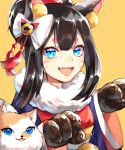  1girl animal animal_ears black_hair blue_eyes bow cat_ears character_request dog facial_mark fur_collar long_hair looking_at_viewer onmyoji open_mouth simple_background solo thick_eyebrows tiyi_(tiyi_a09) white_bow yellow_background 