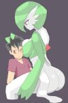 big_breasts big_butt black_hair blush blush_lines bottomwear breasts breasts_on_face brown_eyes butt clothing duo eyelashes female gardevoir generation_3_pokemon green_body green_hair grey_background hair human humanoid interspecies larger_female male mammal nintendo phrenpai pink_bottomwear pink_clothing pink_skirt pokemon pokemon_(species) pokephilia red_eyes short_hair simple_background size_difference skirt thick_thighs white_body wide_hips