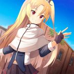  1girl ame. azur_lane bangs black_gloves black_skirt blonde_hair blue_jacket blue_sky building capelet cleveland_(azur_lane) commentary_request day eyebrows_visible_through_hair fingerless_gloves gloves grin hair_between_eyes hair_ornament hand_up jacket long_hair long_sleeves looking_away looking_to_the_side one_side_up outdoors parted_bangs pleated_skirt red_eyes skirt sky smile solo very_long_hair white_capelet window 