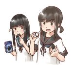  2girls bangs black_eyes black_hair black_sailor_collar blue_neckwear blue_sailor_collar blunt_bangs box brown_eyes collared_shirt commentary_request cookie cropped_torso eating food fubuki_(kantai_collection) hatsuyuki_(kantai_collection) hime_cut jewelry kantai_collection karasu_(naoshow357) long_hair low_ponytail multiple_girls neckerchief oreo ponytail remodel_(kantai_collection) ring sailor_collar school_uniform serafuku shirt short_ponytail sidelocks upper_body wedding_band 